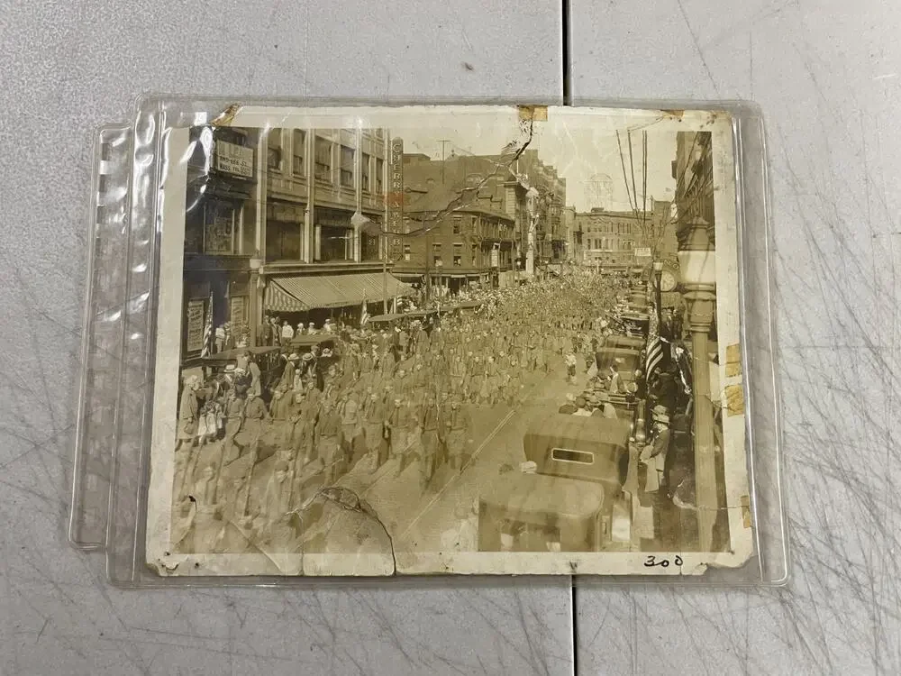 Antique WWI Military Soldiers Parade Photo Downtown Street Scene Massachusetts